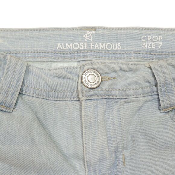 Almost Famous Crop Jeans Size 7 Juniors Roll Cuff Distressed Blue Measures 30x18 - Picture 6 of 10